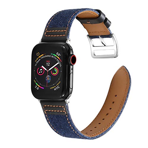 Preisvergleich Produktbild Mumuj Echtleder Watch Band, Lederarmbanduhr Band Leder Denim Armband Strap Edelstahlband Gliederarmband Dekorativer Zubehör Uhrenarmband Für Apple Watch Serie 1 / 2 / 3 / 4 38 / 40mm (Navy)