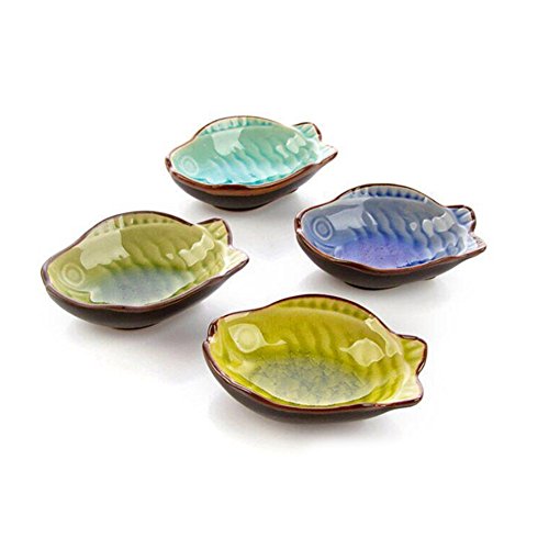 Whchiy 4 PCS Creative Fish Shape Dipping Sauce Dish Bowl Ceramic Appetizer Plates (Random Color)