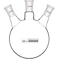 FZN 3 Neck Round 50 ML Bottom Boiling Flask with 24/40 Center & Side Joints Angled Receiving Reflux Flask Multi Neck Apparatus Organic Chemistry Lab Glassware