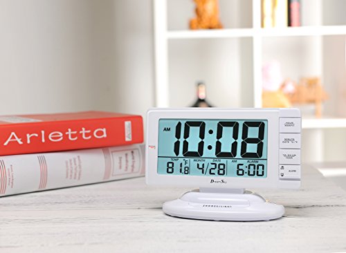 DreamSky Digitalwecker Tischuhr, Uhrzeit, Alarmzeit, Datum, und Temperaturanzeige, laut, ansteigender Weckton, Schlummerfunktion, 5,5 Zoll großes LCD Display mit intelligenter Hintergrundbeleuchtung, Batteriebetrieb, Weiß - 7