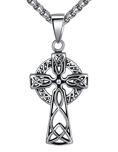 Aoiy Herren-Halskette mit Anhänger, keltisch filigranen Kreuz Irish Knoten, Edelstahl, 61cm Kette, aap136