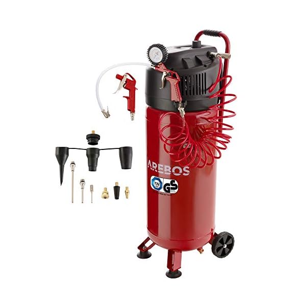 Arebos Druckluft Kompressor 50 L | 1500 W | Ölfrei | 10 bar | 97 dbA | inkl. 13-teiligem Zubehör-Set | stehend | Y-Anschluss