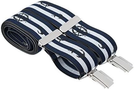 XL Navy Blue and White Braces for Trousers - Quality Clip Elastic Adjustable Nautical Mens Trouser Suspenders With Anchor & Wheel Extra Long 48 Inches (XL (48 Inches Long), Striped)