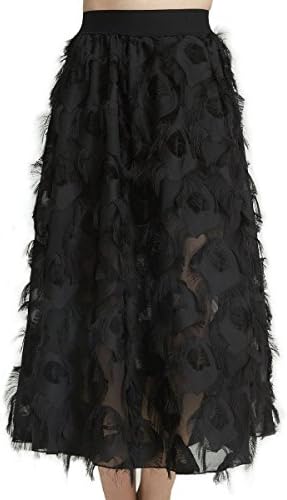 SZTOPFOCUS 50's Mid-Length Masquerade Ladies Casual Mesh Pleats Petticoat Black Lines Tassel Lace Slim White Pattern High Waist Chiffon Retro Petticoat (Black Tassel, L)