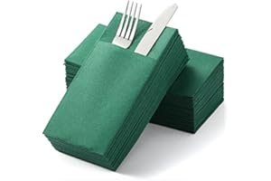 MORGIANA 50PCS Disposble Green Paper Napkins with Built-in Flatware Pocket, Linen Feel Pocket Napkins, Prefolded Cloth Like Guest Towels for Bathroom, Wedding, Parties, St Patrick’s Day