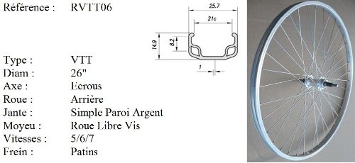 Roue Arrière Vtt 26 Pouces De Fabrication Française (Etrto : 559X37) - 36 Rayons - Axe Moyeu 10Mm - Serrage Écrous - 6/7/8 Vitesses - Argenté, livré avec 2 écrous