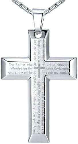 Aoiy Men's Stainless Steel Large Bible Lord's Prayer in English Scripture Cross Pendant Necklace, Silver-Tone, 58cm Chain, ddp020yi