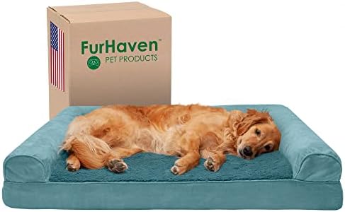 FurHaven - Cuccia in Gel rinfrescante, per Cani di Taglia Grande, con Cuscini Rimovibili e Copertura Lavabile, per Cani Fino a 43 kg, Divano in Peluche e Pelle Scamosciata, Jumbo/XL, Blu (Deep Pool)