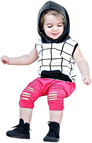 Girls' Clothes Set JYJM Toddler Kid Baby Girl Boy Hooded Plaid Vest Tops Pants 2Pcs Outfits Set Clothes Hole Pants Suit (90, White)
