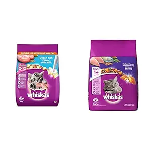 Whiskas Kitten (2-12 Months) Dry Cat Food, Ocean Fish Flavour with Milk, 3 Kg Pack & Adult (+1 Year) Dry Cat Food, Mackerel Flavour, 3Kg Pack