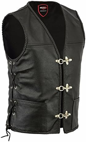 Men Motorbike Waistcoat Leather MAXFIVE Gilet Biker Style Motorcycle Vest Classic Harley Style Touring Urban City Braided Waistcoats Black (5XL)