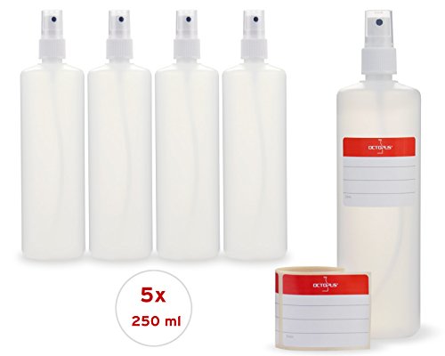 5 x 250 ml Sprühflaschen mit Fingerzerstäuber, Plastikflaschen mit Pumpsprüher, Kunststoffflaschen aus HDPE mit Zerstäuber, inkl. 5 Beschriftungsetiketten