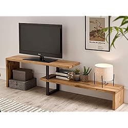 TV Extensible 140 - Table TV, Meuble TV Salon Design Industriel Vintage, Extensible de 140 cm à 170 cm, Bois Massif Naturel, Pieds métalliques.