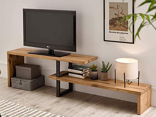TV Extensible 140 - Table TV, Meuble TV Salon Design Industriel Vintage, Extensible de 140 cm à 170 cm, Bois Massif Naturel, Pieds métalliques.