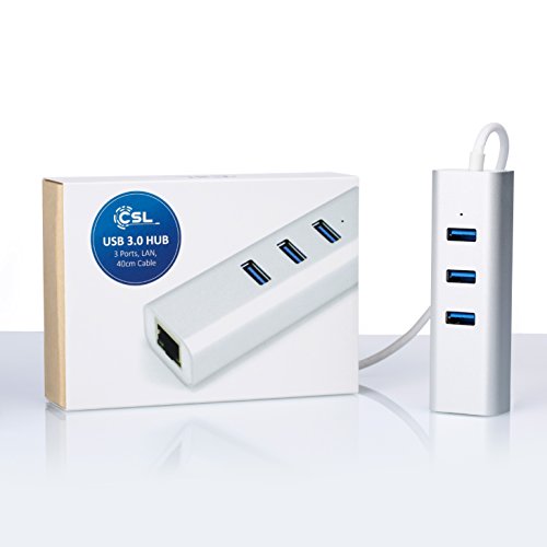 CSL USB 3.0 3-Port Hub inkl. Gigabit Ethernet LAN / Netzwerkadapter (RJ45) | Super Speed bis zu 5 Gb/s | 3 Port Hub (Verteiler) inkl. Power-LED | Gigabit-LAN 10/100/1000 Mbit | Windows, Linux und Mac | silber (Aluminium – Gehäuse) - 4