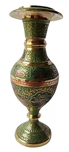 MOZO HUB Hand Crafted Kashmiri Glass Pattern Brass Flower Vase 17 cm (Green)