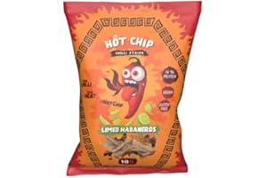 DAVE'S AMERICAN FOOD Hot Chip Chilli Strips Limed Habaneros Vegan 16% Protein Gluten Free Patatine di Mais proteiche Super Piccanti Peperoncino Habanero e Lime 80gr