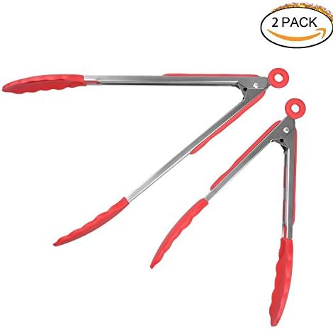Kitchen Silicone Tongs, Chenci Stainless Steel Silicone Tongs with Kitchen utensils 9"and 12" Non-slip &amp; Heavy-Duty Soft-Grip Handle Heat Resistant for Cooking, BBQ, Barbecue, Buffet, Salad, Ice, Oven (Pack of 2) Red