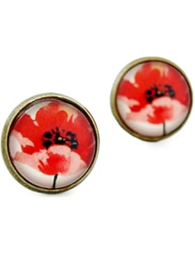 Miss Lovie Damen Mädchen Ohrstecker Mohnblumen Ohrringe Cabochon 12mm Modeschmuck Rot Bronze