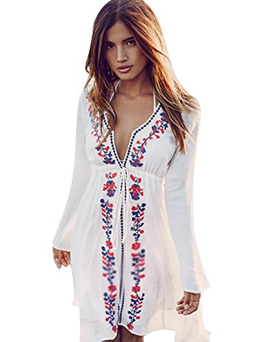 Imixcity Femme Bohême Sexy Col V Robe De Plage Broderie Flora Bikini Cover Up Mini Dress Hauts Chemise