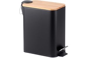 HOMION PEDAL BIN BATHROOM 5L SLIM RECTANGULAR REMOVABLE BUCKET WASTE DUST SLIMLINE EASY TO CLEAN 5 LITRE TOILET STAINLESS STEEL (Black With Bamboo LID)