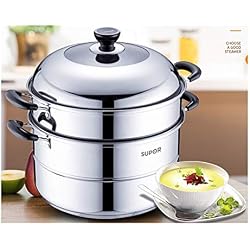 KEHUITONG Réchaud à vapeur en acier inoxydable 304 grand réchaud à gaz domestique double épaisseur 30 / 32cm Cuiseur à vapeur multifonction (Color : Silver, Size : 32cm)