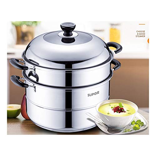 KEHUITONG Réchaud à vapeur en acier inoxydable 304 grand réchaud à gaz domestique double épaisseur 30 / 32cm Cuiseur à vapeur multifonction (Color : Silver, Size : 32cm)