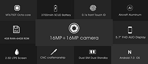 OUKITEL U11 Plus - 5,7 pollici Android 7.0 smartphone, MTK6750T Octa Core 1.5GHz 4GB RAM 64GB ROM, fotocamera doppia 16MP + 16MP, batteria 3700mAh, struttura in metallo, impronte digitali, doppia SIM - bianca