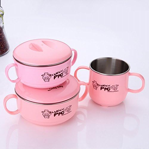 304 Stainless Steel Children 'S Bowl Double Drop Shatter-Resistant Drinking Cups Baby Food Bowl Baby Rice Bowl Children Cutlery Set,Pink
