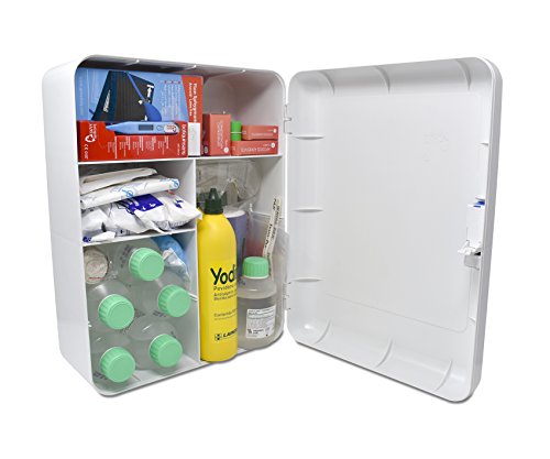 Armario botiquín de primeros auxilios completo (contiene TENSIÓMETRO, TERMÓMETRO,SUERO, POVIDONA,...). Acorde con la directiva Laboral Italiana "ALLEGATO 1 per aziende piu 3 dipendenti"