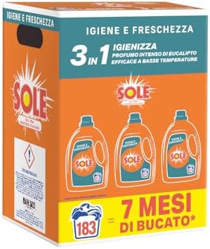 Sole Detersivo Lavatrice Igiene e Freschezza 183 Lavaggi, Formula igienizzante, Detersivo Lavatrice Liquido Igiene e Freschezza, rimuove le macchie a basse temperature