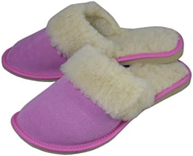 Womens Natural Suede Leather And Sheep's Wool Lining Slippers Mules (5, Pink)