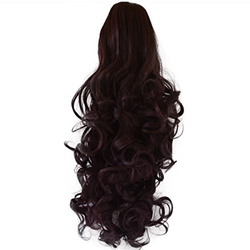 17" PONYTAIL Clip in Hair Extensions CURLY Dark Plum #99J/1 REVERSIBLE Claw Clip