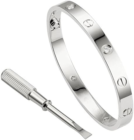 Yoostone Stainless Steel Screw Oval Gold Silver Rose gold plated Love Bracelet Bangle with Diamonds (Silver in size 17 with diamonds)