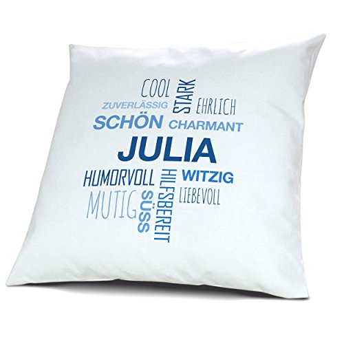 Kopfkissen mit Namen Julia - Motiv Positive Eigenschaften Tagcloud Blau, 40 cm, 100% Baumwolle, Kuschelkissen, Liebeskissen, Namenskissen, Geschenkidee