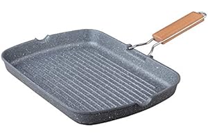 Euronovità Srl EN-226140 Bistecchiera Antiaderente Rivestimento in Pietra grigia, con Manico Pieghevole 36X24 cm