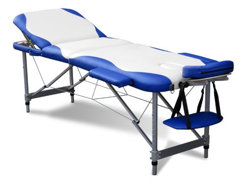 FoxHunter Luxury Portable Lightweight Massage Table Beauty Couch Therapy Bed Folded 3 Section Aluminium Frame White Blue with Headrest Armsupport Carrying Bag
