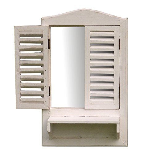 Wunderschönes Spiegelfenster Badspiegel mit Klappläden und Ablage – aus Holz – im Landhaus Stil – Weiß – 40cm x 69,5cm - 2