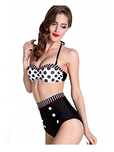 Push Up Retro Vintage High Waist Bikini Sets Polka Dots Top+Black Bott