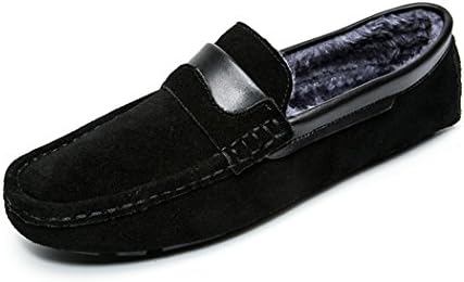 Qianling Collection Men's Loafers Fur Lined Casual Slip Ons Driving Office Work School Shoes Soft Cow Leather Flats Black UK7.5