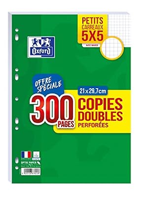 OXFORD Lot de 300 Pages Copies Doubles Perforées A4 (21 x 29,7cm) 90g Petits Carreaux 5x5mm avec Marge
