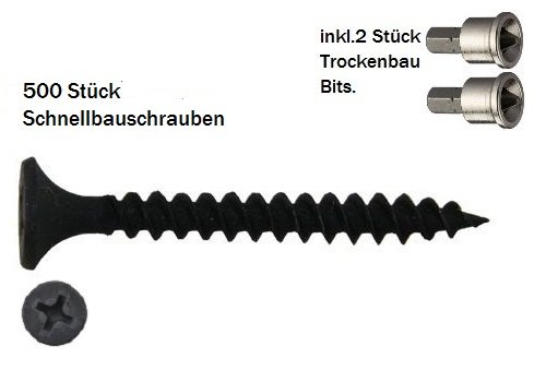 4,2x75 mm Schnellbauschrauben 500 Stück mit Feingewinde"phosphatiert" inkl. 2 Stück Trockenbau Bit PH2 mit Abstandshalter.