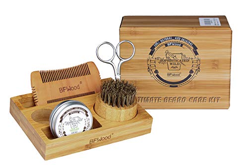 BFWood Kit per la Cura della Barba con supporto in Bambù per Uomo - Spazzola da Barba, Pettine da Barba, Forbici, Balsamo da Barba 30g per Rifilare, Spazzolare, Ammorbidire, Disciplinare e Modellare