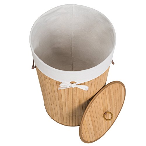 TecTake Robuster 57L Bambus Wäschekorb Ø 36 x 63cm rund natur mit Deckel und herausnehmbarem Wäschesack - 3