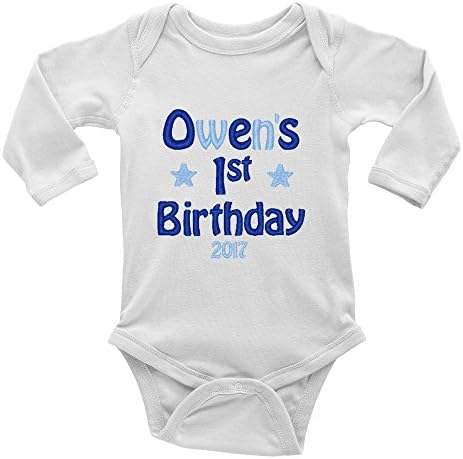 Personalised Embroidered with any Name 1st Birthday Boys and Girls Baby Bodysuit Vest (9-12 Months, Blue Star Long Sleeve)
