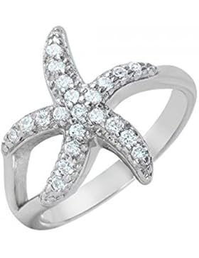 schmaler Seestern Klare Pavefassung Set Sterling Silber Rhodium beschichtet Zirkonia Ring