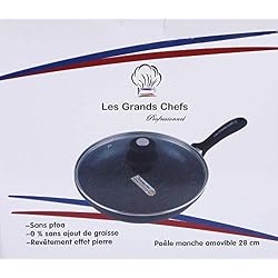 Les Grands Chefs Professionnel - Poêle Pierre revêtement antiadhésif renforcé 3 Couches GREBLON C3+ Technologie Allemande sans PFOA - Manche Amovible et Disque Anti-Rayures - 28CM