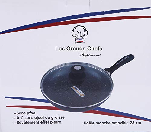 Les Grands Chefs Professionnel - Poêle Pierre revêtement antiadhésif renforcé 3 Couches GREBLON C3+ Technologie Allemande sans PFOA - Manche Amovible et Disque Anti-Rayures - 28CM