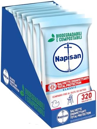 Napisan Salviette Disinfettanti Total Protection, Confezione da 8 Pacchi x 40 Salviette Disinfettanti Biodegradabili e Compostabili Multisuperfici