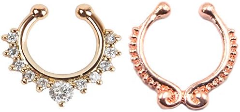 2 Piece Fake Nose Ring Septum Piercing Jewelry for Women Non Piercing Clip On Body Piercing Jewelry (Gold + Rose Gold)